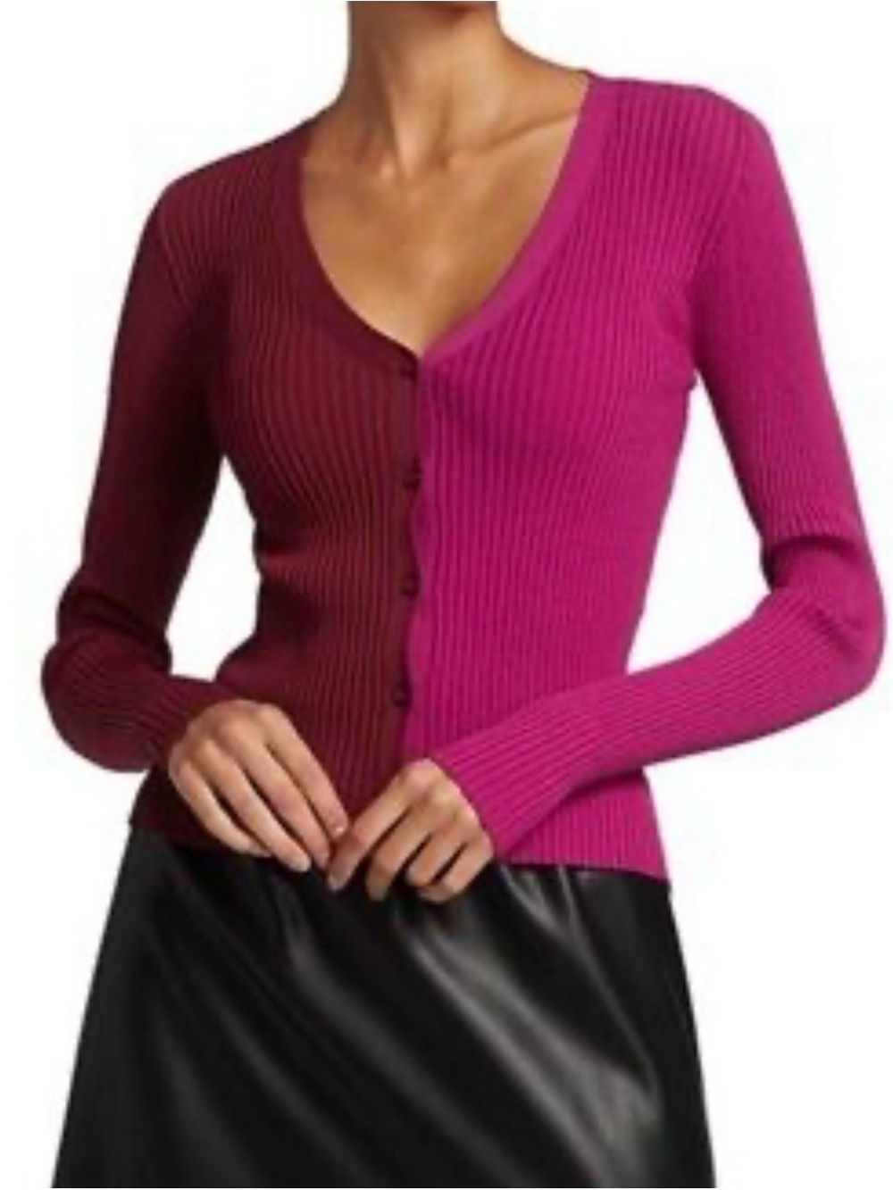 STAUD Two-Tone Ribbed V-Neck Cardigan in Burgundy and Pink Size S